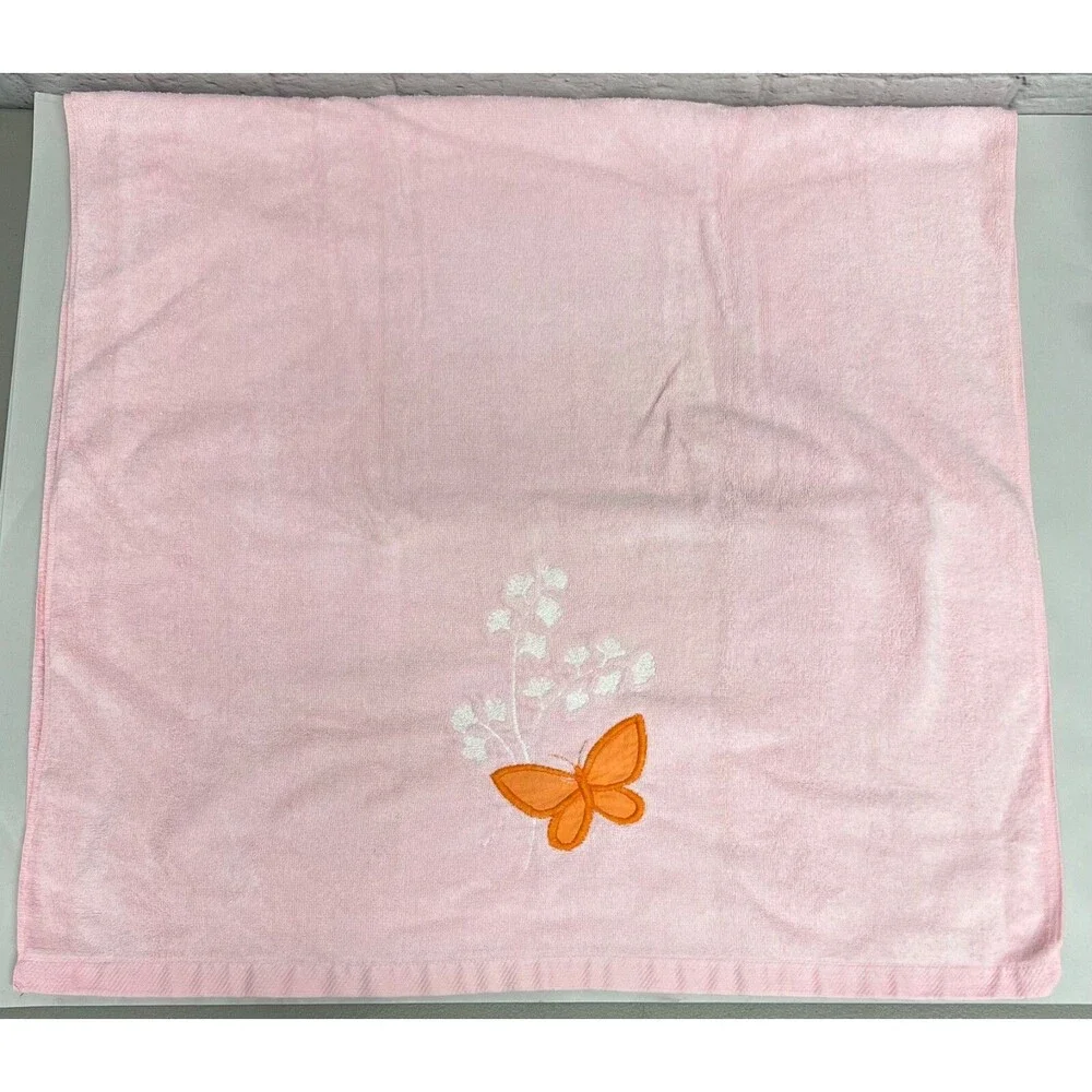 Vtg Fieldcrest Bath Towel Pink Orange Butterflies 1970’s 80’s Granny Chic